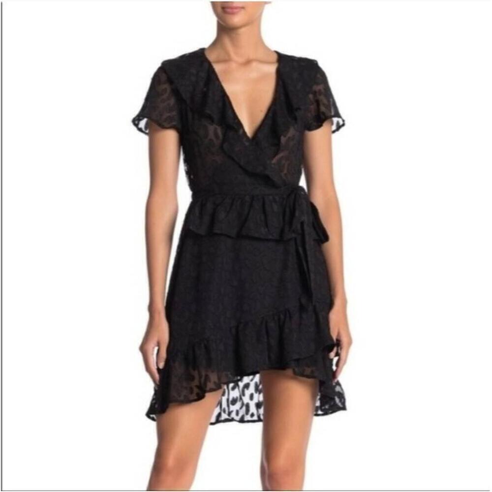 Ten Sixty Sherman Black Semi-sheer Dress Ruffle Hem Faux-Wrap Style Small
